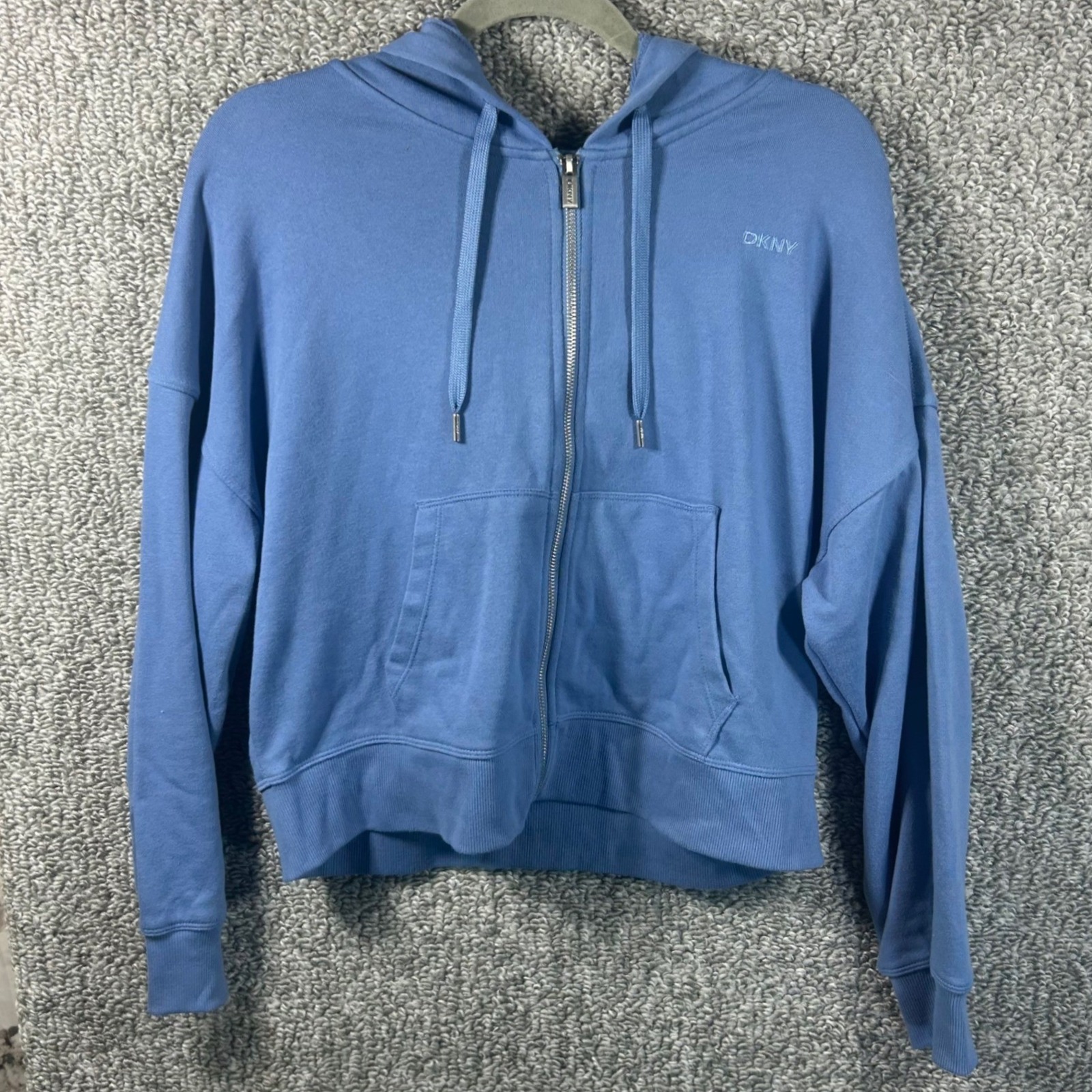 Dkny Hoodie Blue Zip Up French Terry Logo Sweatshirt Womens Large